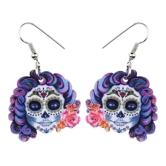 NWT Sugar Skull Day Of The Dead Purple White Flower Dangle Hook Earrings - Picture 5 of 6